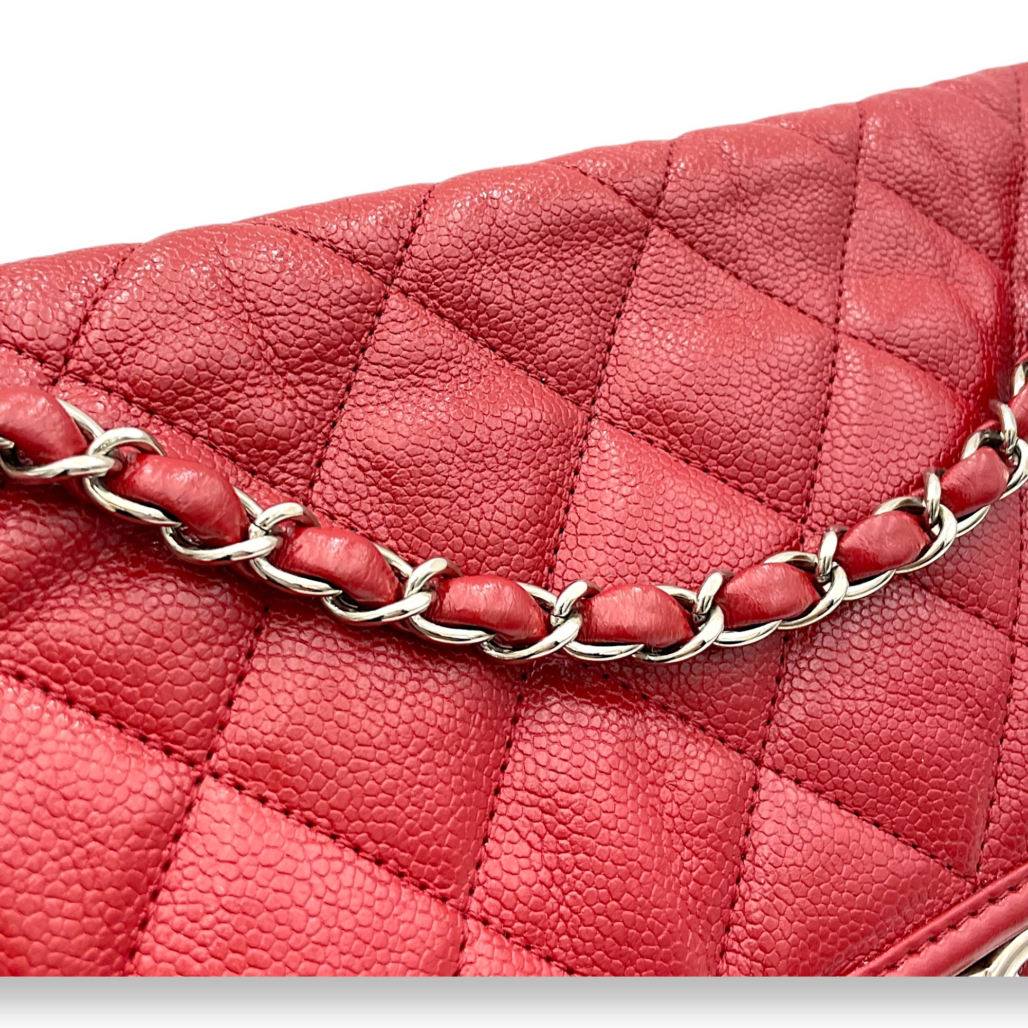 French Riviera Red Shoulder Bag in Caviar Leather, Silver hardware