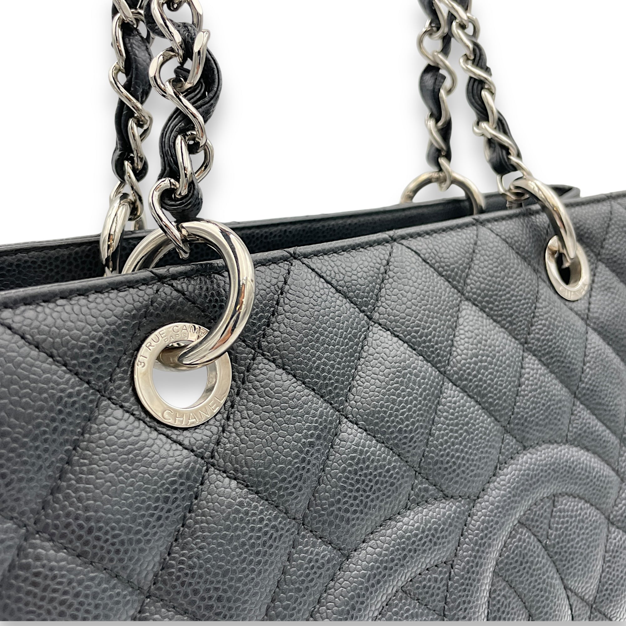 GST Grand Shopping Tote Black Tote Bag in Caviar Leather, Silver hardware