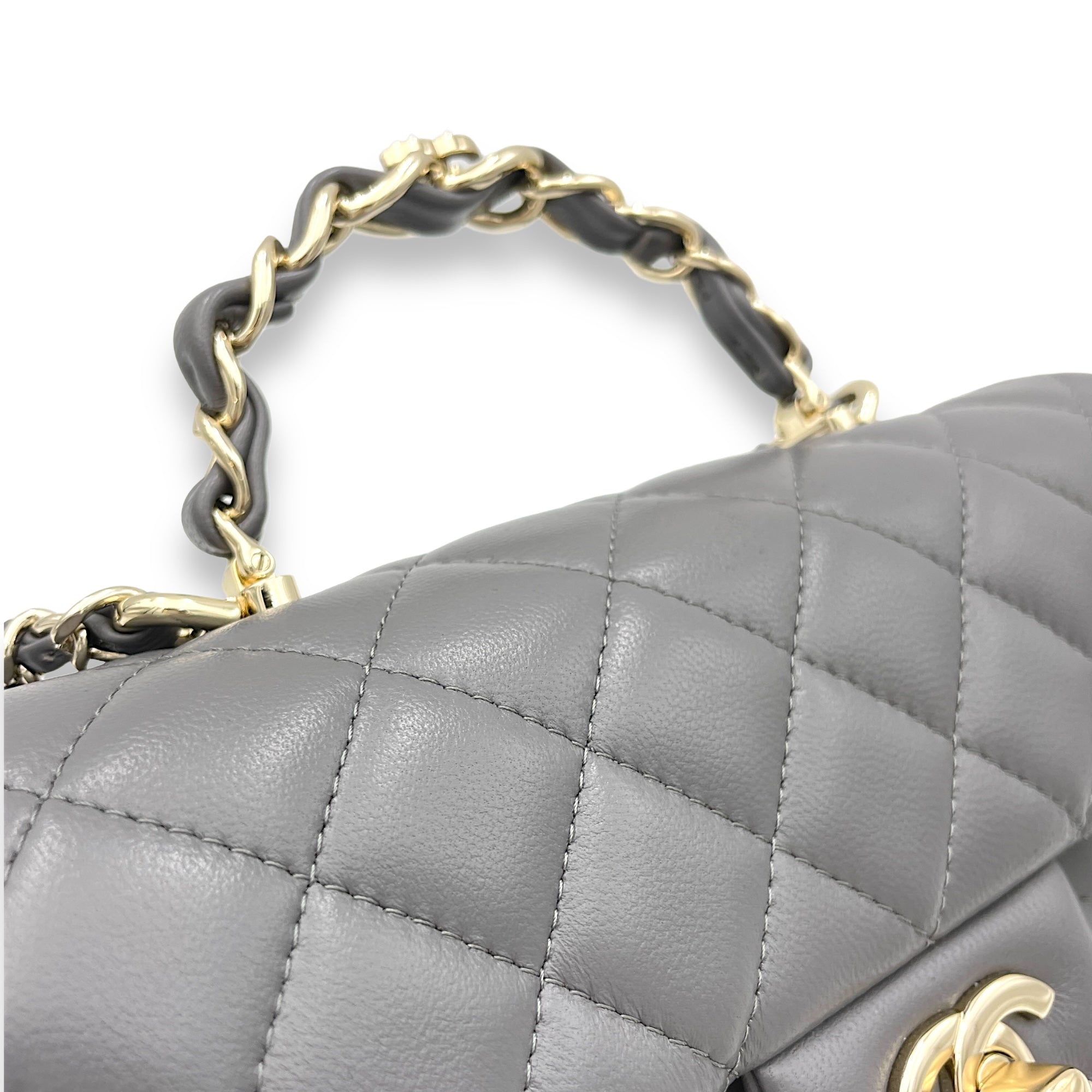 Classic Flap Rectangle Grey Top Handle Bag in Lambskin, Light Gold hardware