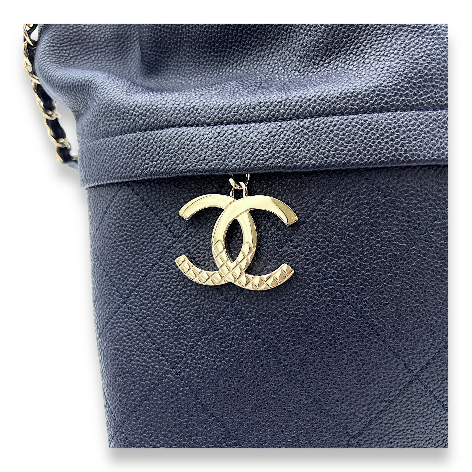 Quilted Blue Shoulder Bag in Caviar Leather, Light Gold hardware