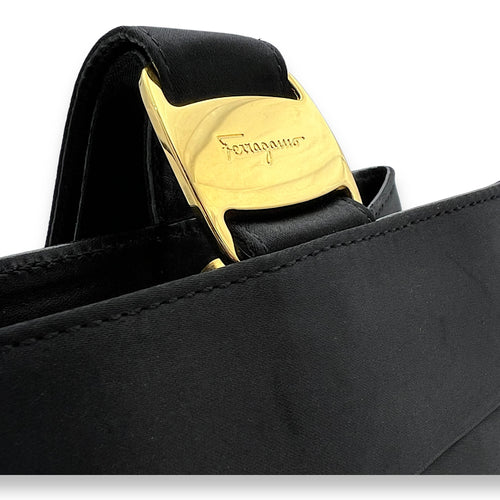 Buckle Black Top Handle Bag in Satin, Gold hardware