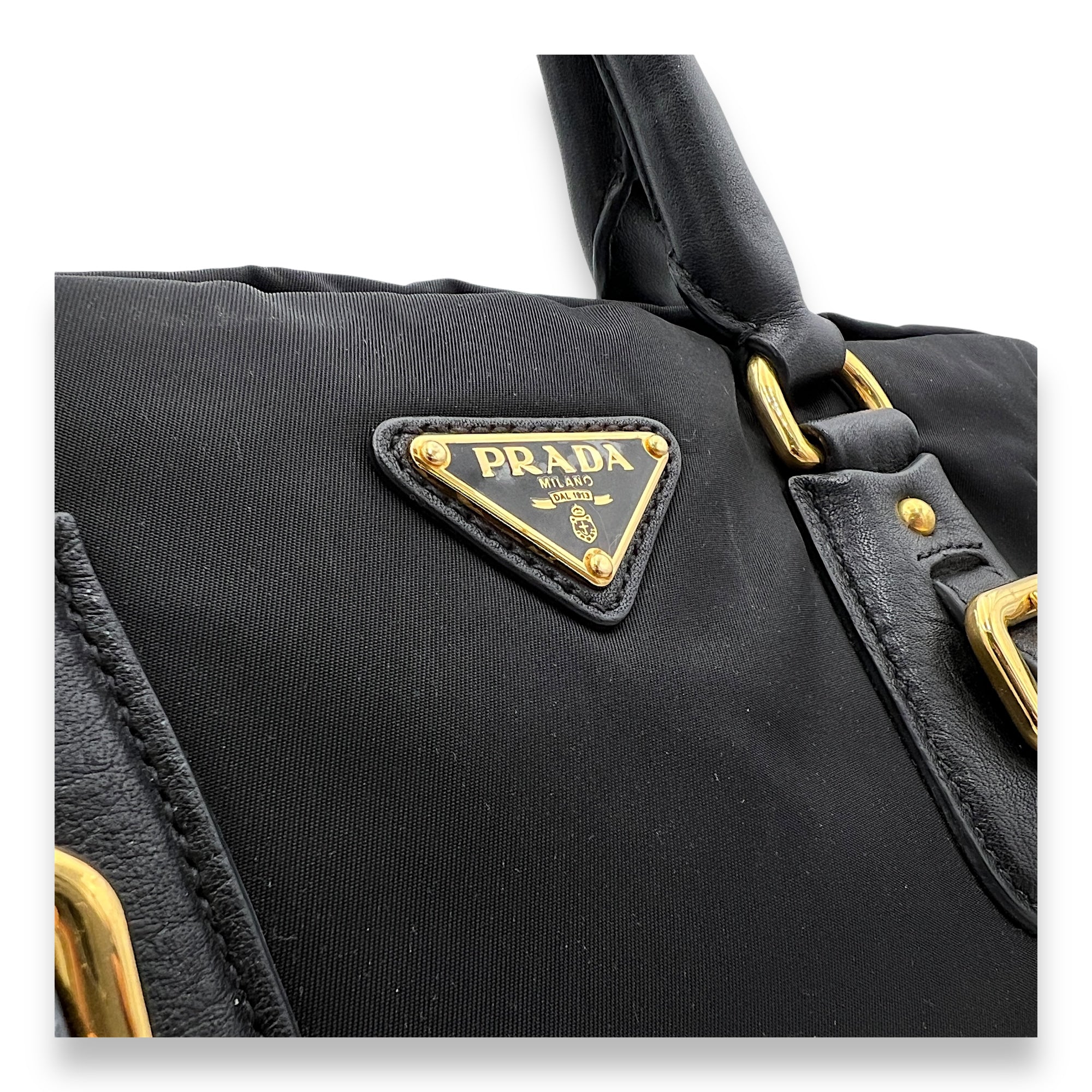 Two-Way Black Top Handle Bag in Nylon, Gold hardware