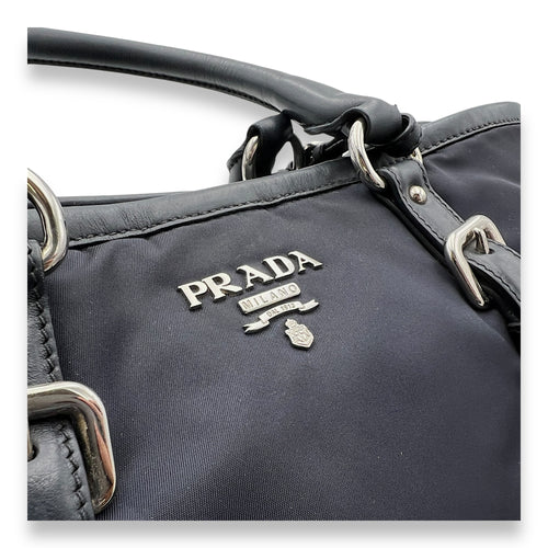 Two-Way Blue Top Handle Bag in Nylon, Silver hardware