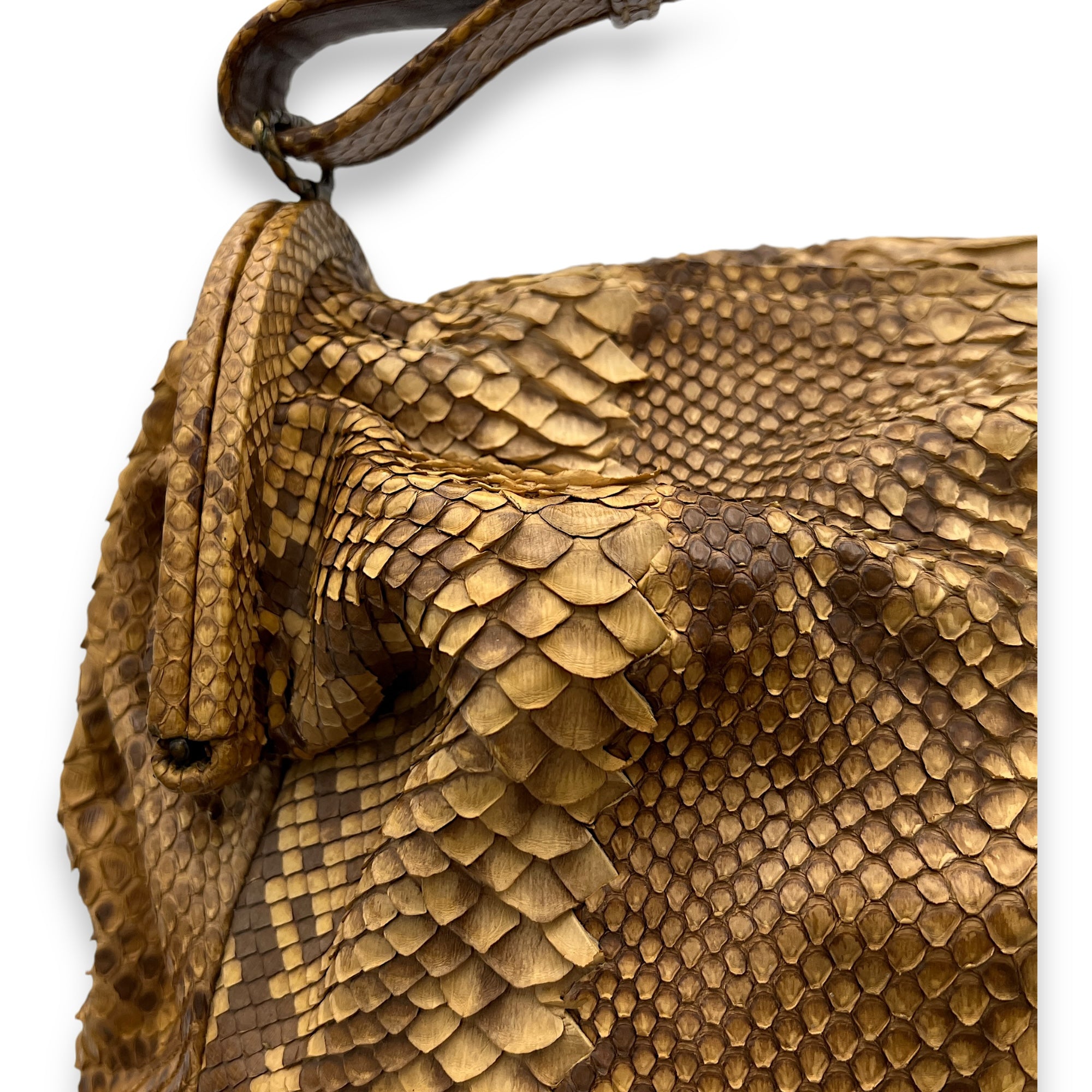 Duette Brown Shoulder Bag in Python Leather, Brushed Gold hardware