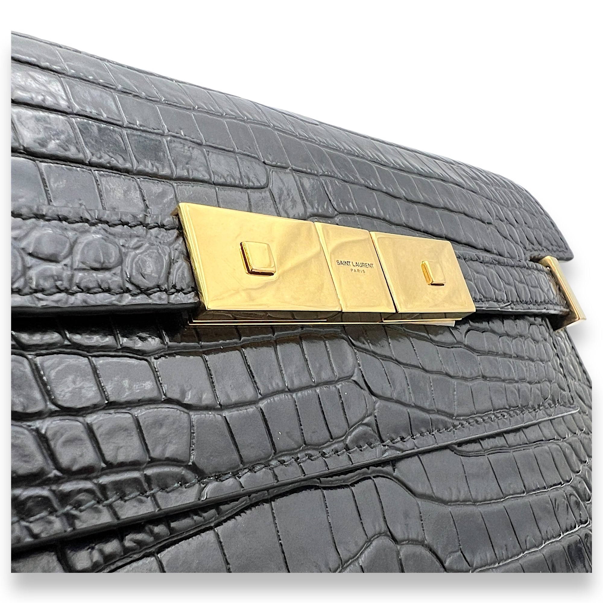 Manhattan Shoulder Bag Black in Crocodile Embossed Calfskin, Gold hardware