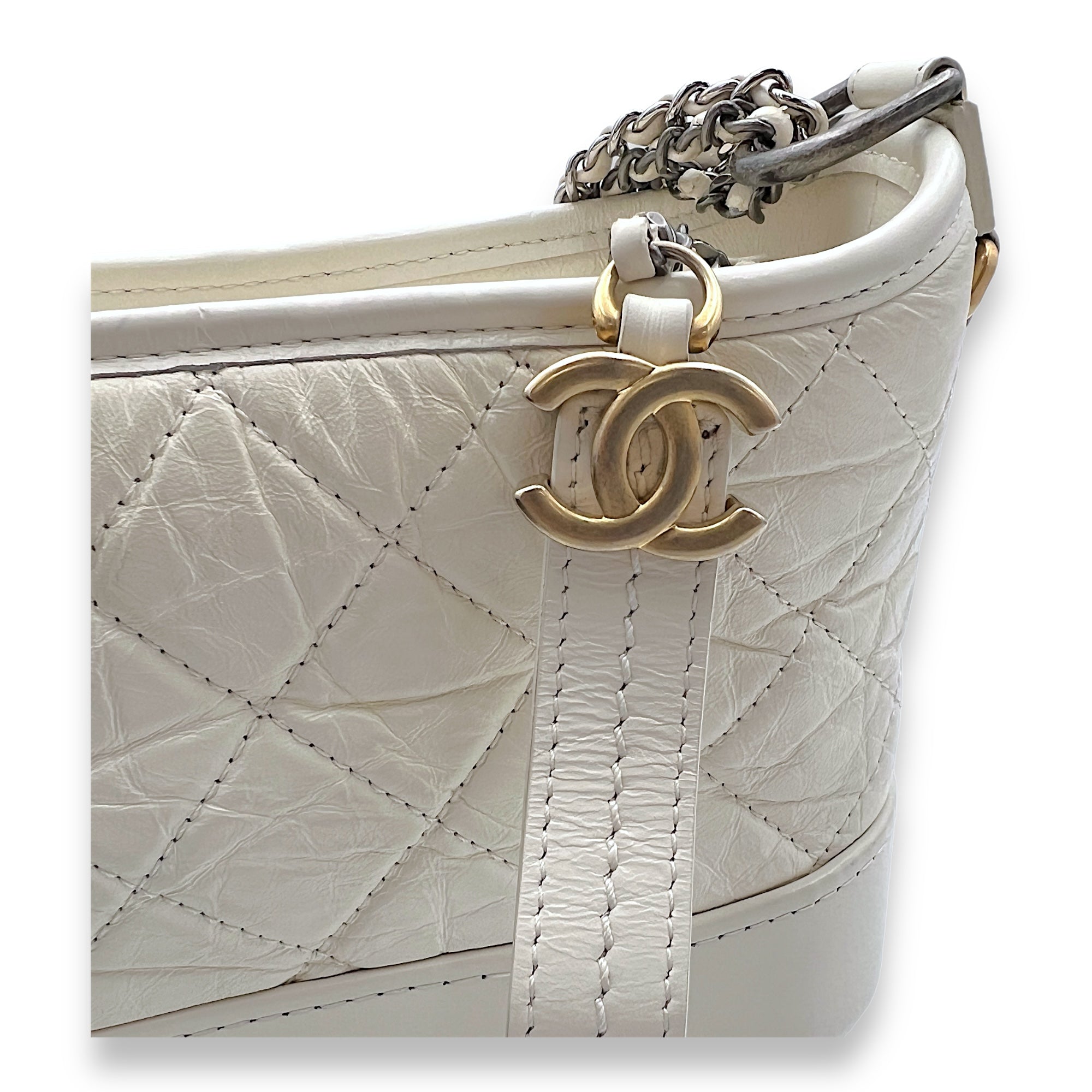 Gabrielle Small White Crossbody Bag in Calfskin, Mixed hardware