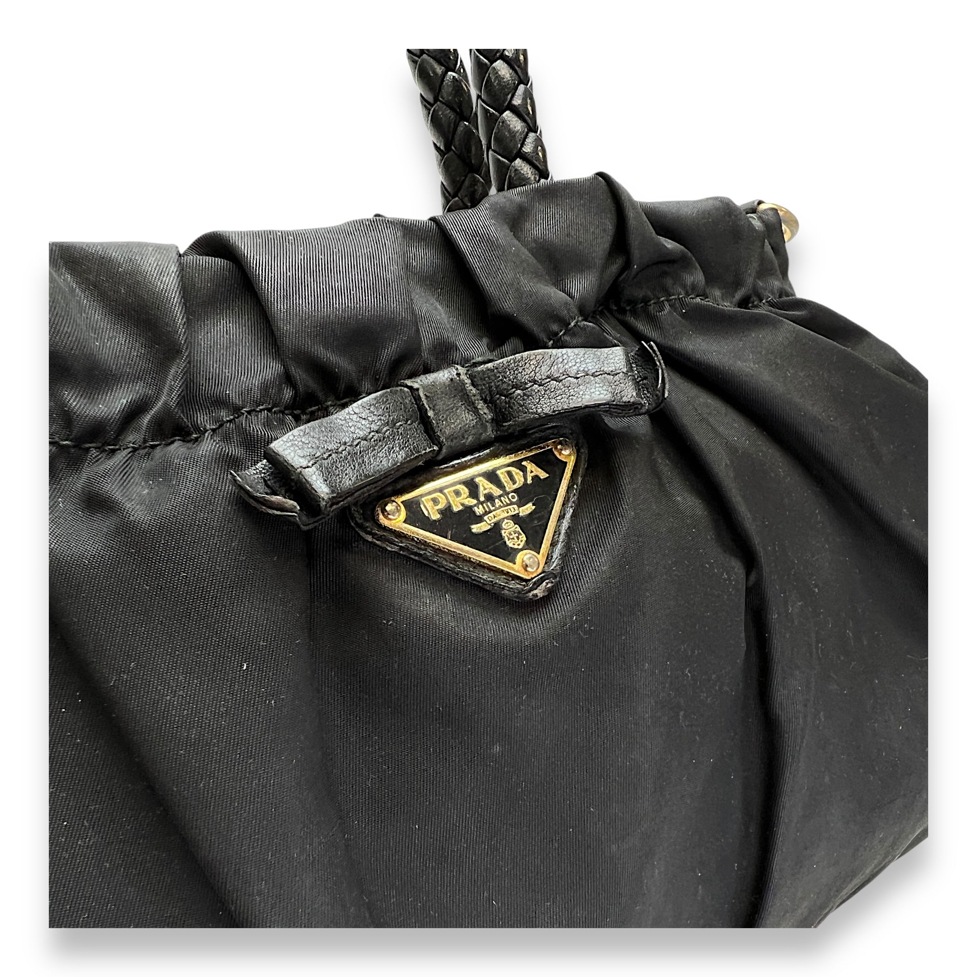 Braided Top Handle Bag Black in Nylon, Gold hardware