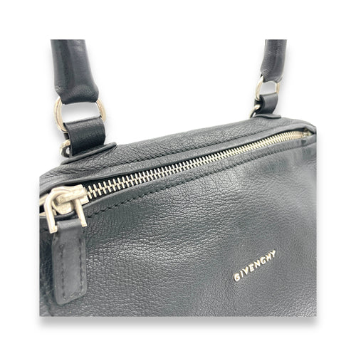 Pandora Small Black Shoulder Bag in Goat Leather, Silver hardware