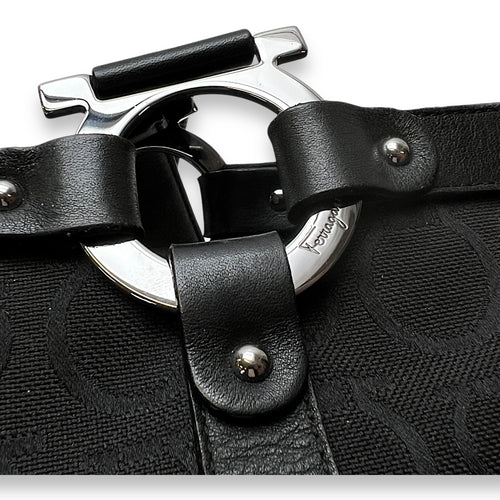 Gancini Top Handle Bag Medium Black in Canvas, Silver hardware