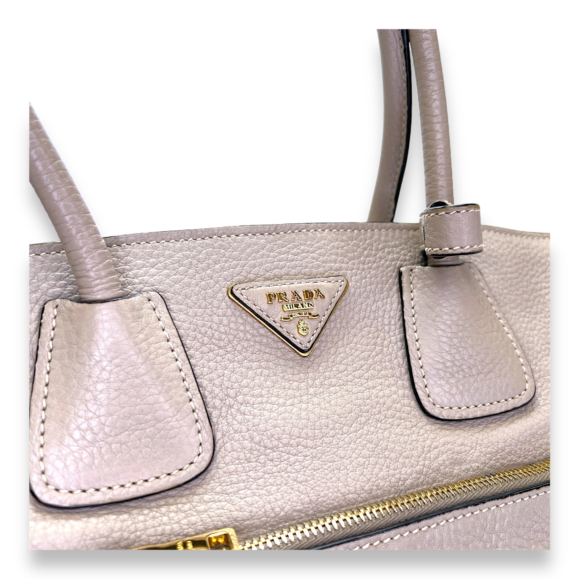 Logo Top Handle Bag Beige in Calfskin, Gold hardware