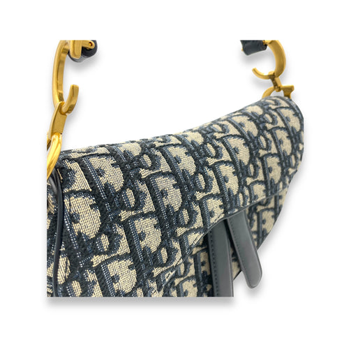 Saddle Mini Blue Top Handle Bag in Canvas, Gold hardware