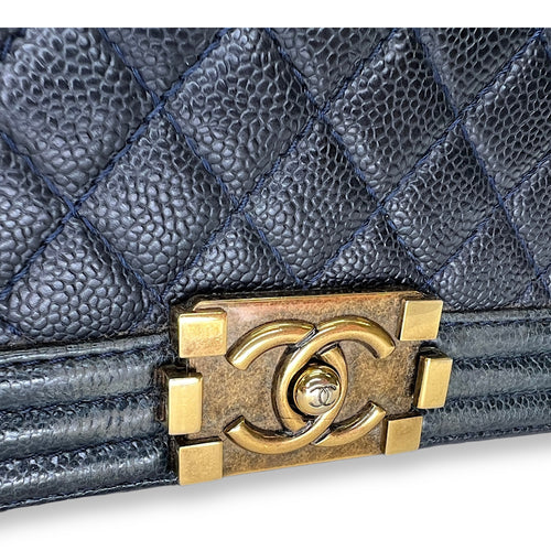 Boy Medium Navy Shoulder Bag in Caviar Leather, Gold hardware