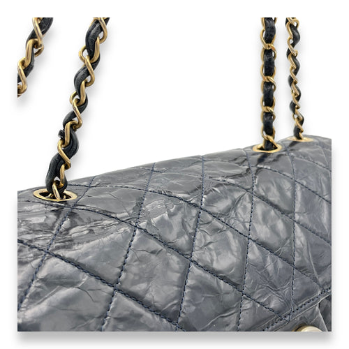 CC Turnlock Crinkled Navy Shoulder Bag in Calfskin, Gold hardware