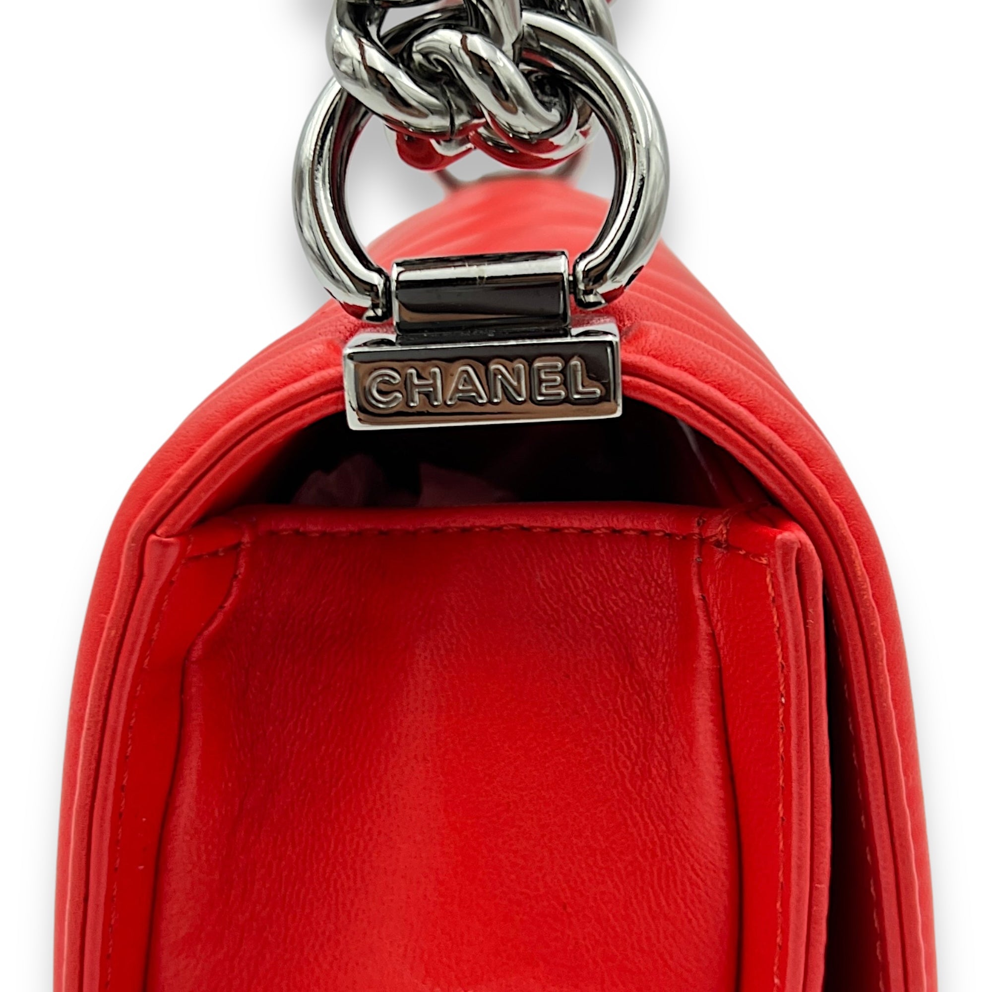 Boy Small Red Shoulder Bag in Lambskin, Gunmetal hardware