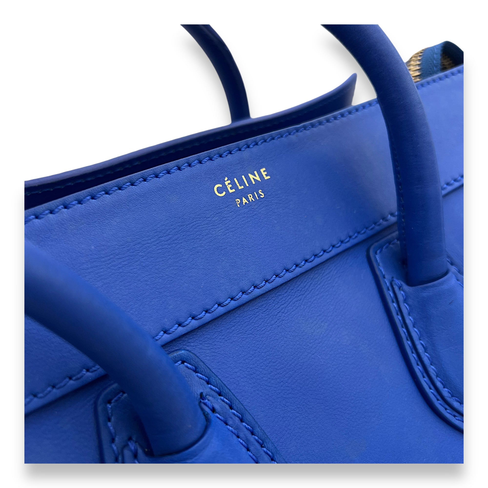 Luggage Micro Blue Top Handle Bag in Calfskin, Gold hardware