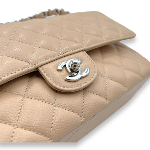 Classic Double Flap Medium Beige Shoulder Bag in Caviar Leather, Silver hardware