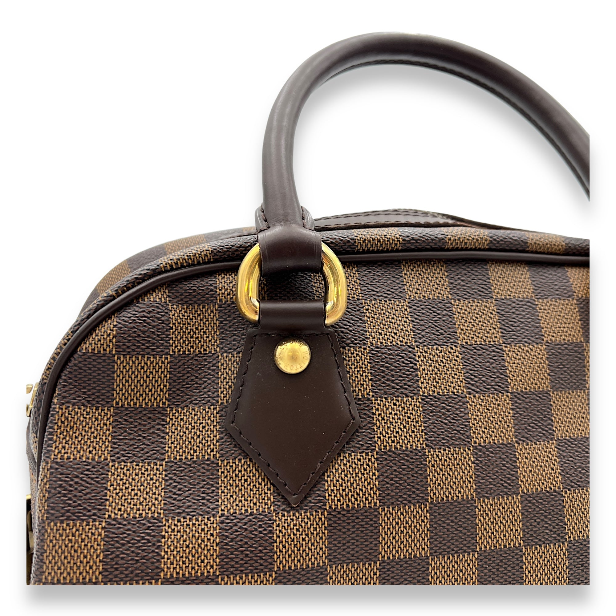 Duomo Damier Ebene Top Handle Bag in Coated Canvas, Gold hardware