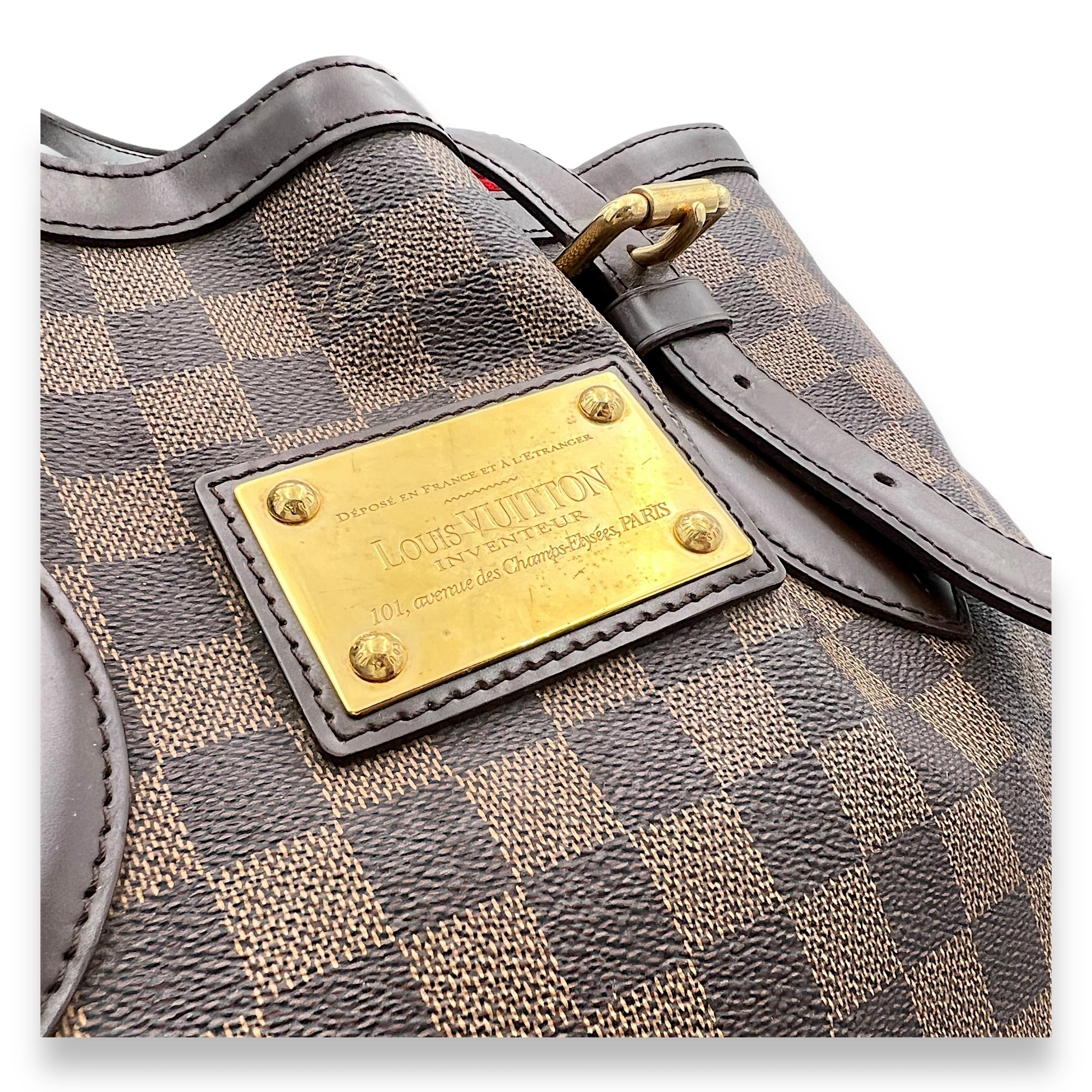 Hampstead MM Damier Ebene Top Handle Bag in Coated Canvas, Gold hardware