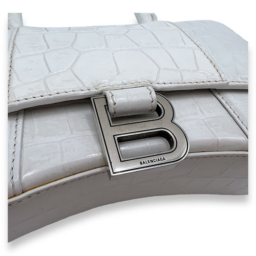 Hourglass XS White Top Handle Bag in Crocodile Embossed Calfskin, Silver hardware