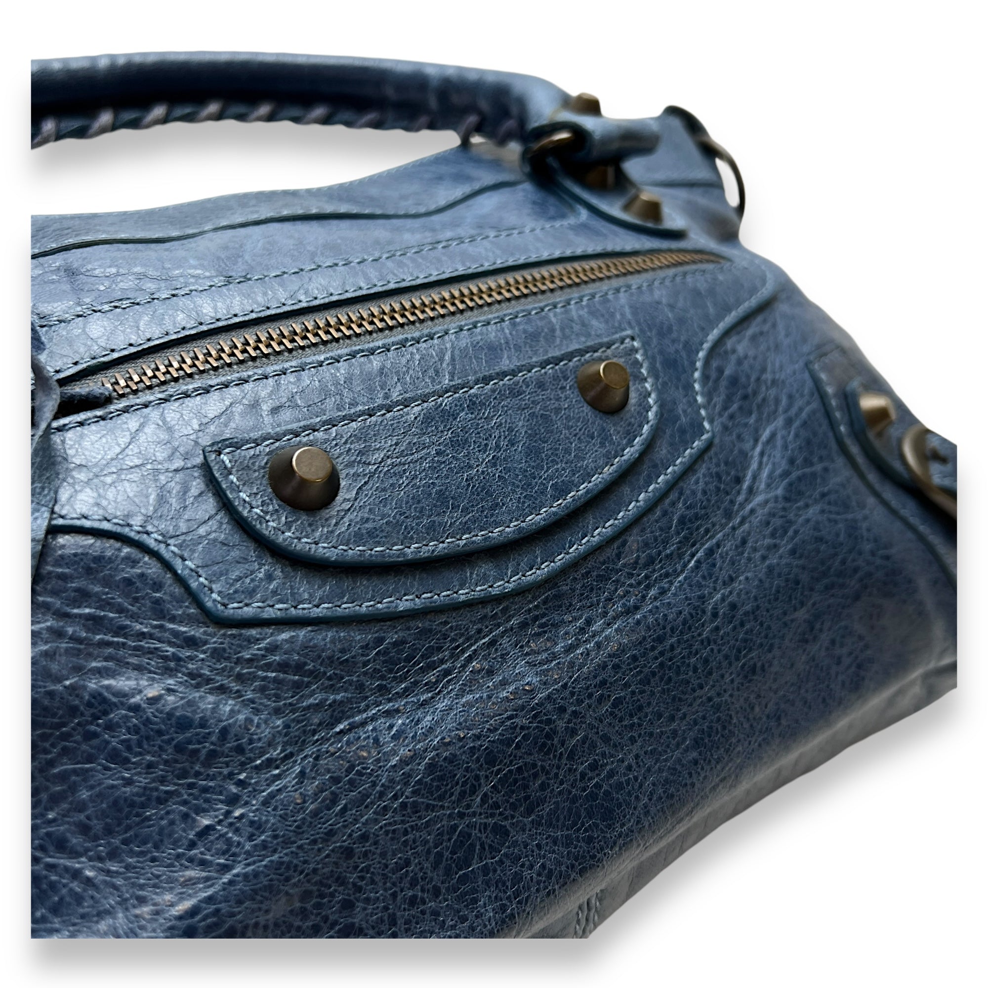 First Blue Shoulder Bag in Distressed Leather, Brushed Gold hardware