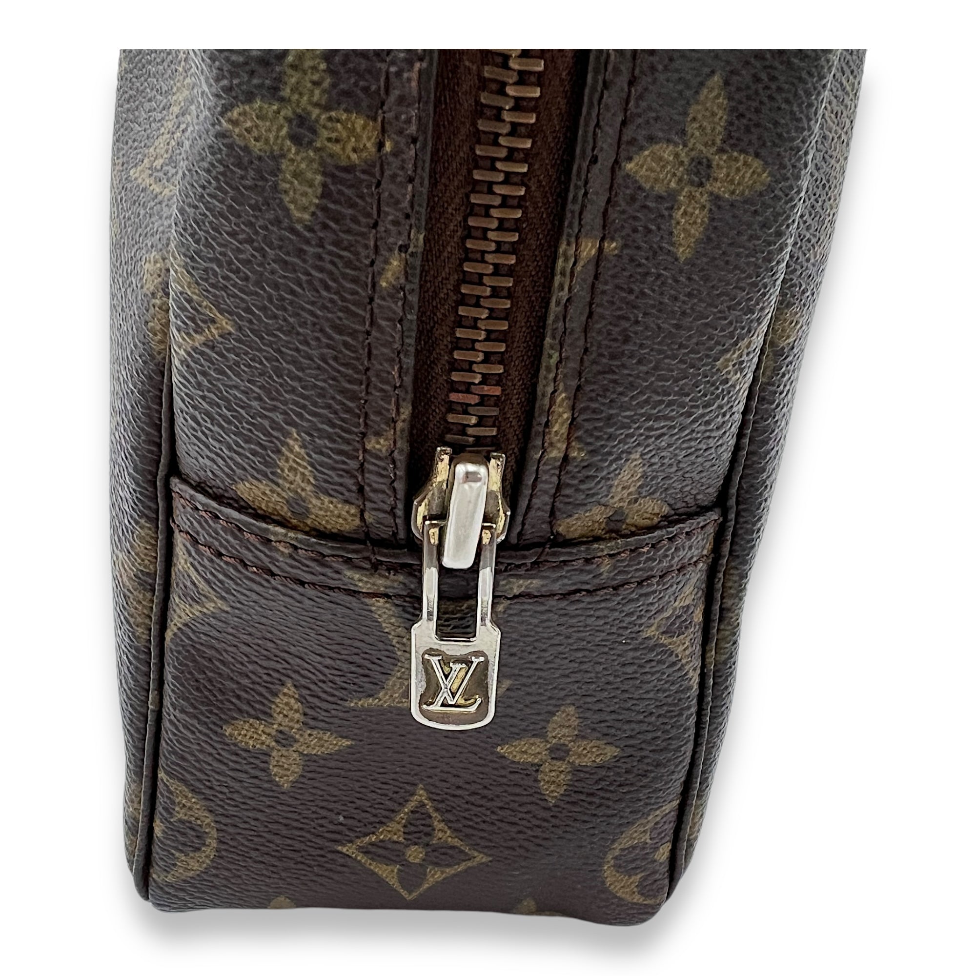 Toilette Pouch 28 Brown in Monogram Coated Canvas, Gold hardware