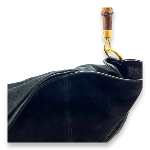 Bamboo Top Handle Bag Black in Suede Leather, Gold hardware