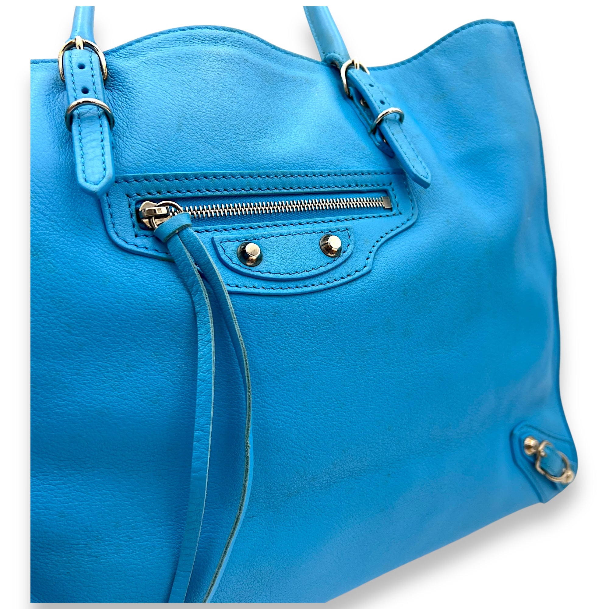 Papier Tote Bag Blue in Calfskin, Silver hardware