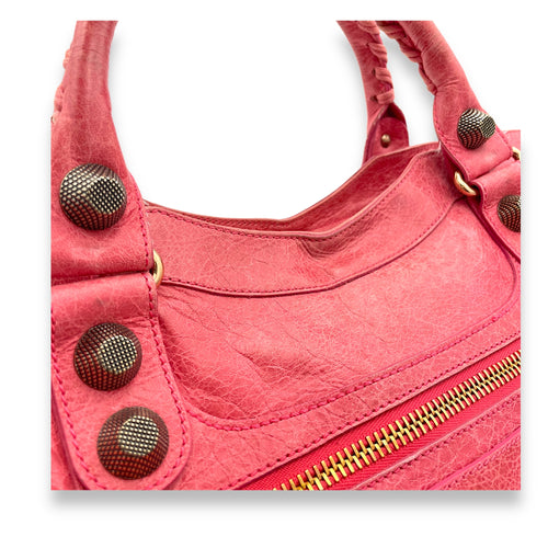 City Medium Pink Top Handle Bag in Distressed Leather, Rose Gold hardware