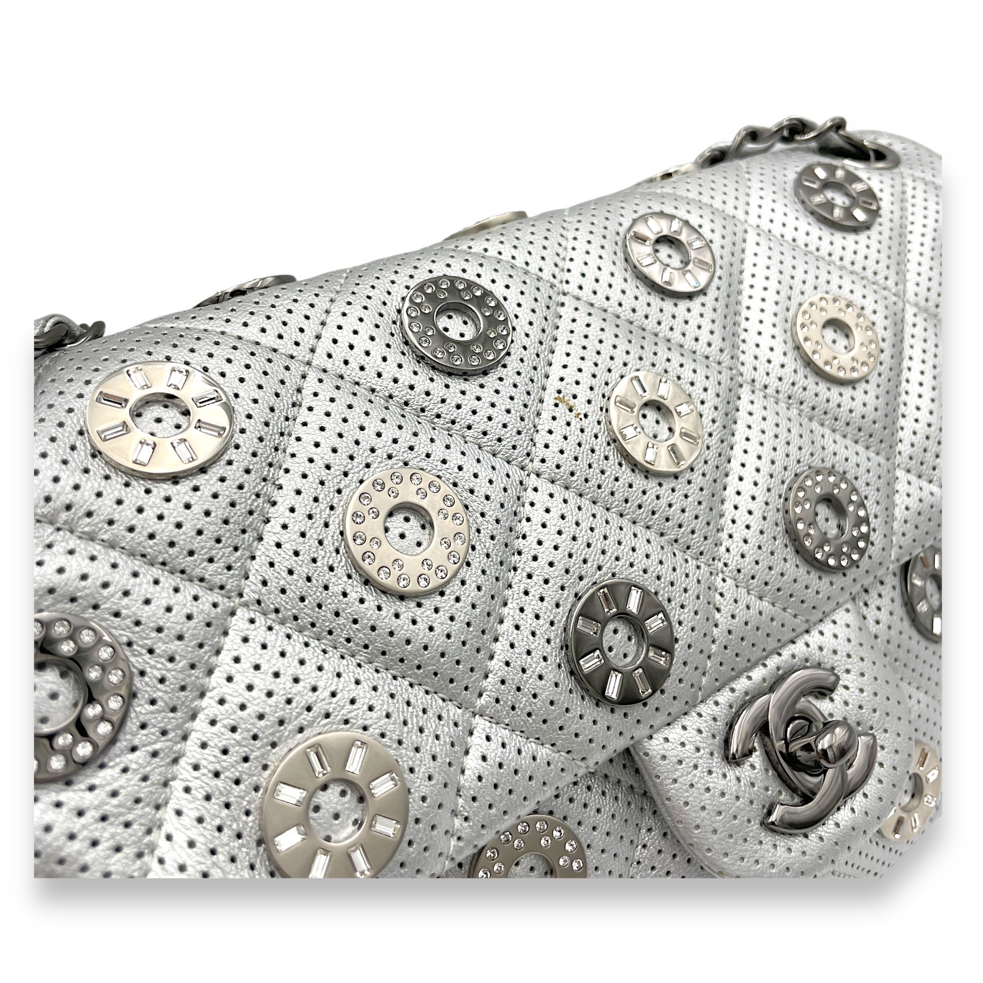 Paris Dubai Flap Silver Shoulder Bag in Perforated Lambskin, Silver hardware