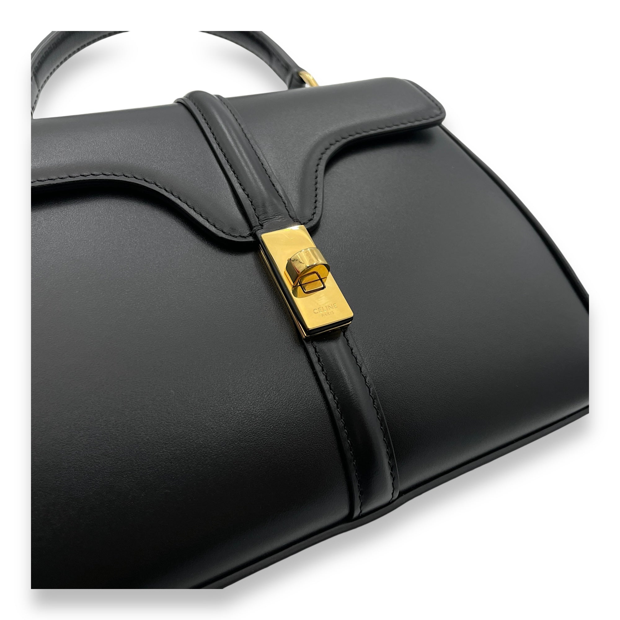 16 Mini Black Top Handle Bag in Calfskin, Gold hardware