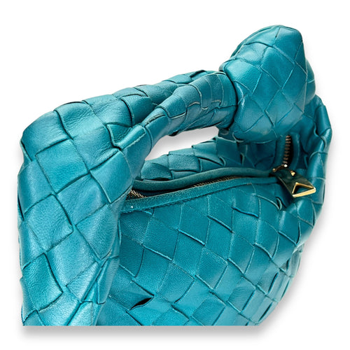 Jodie Mini Blue Shoulder Bag in Intrecciato Leather, Gold hardware