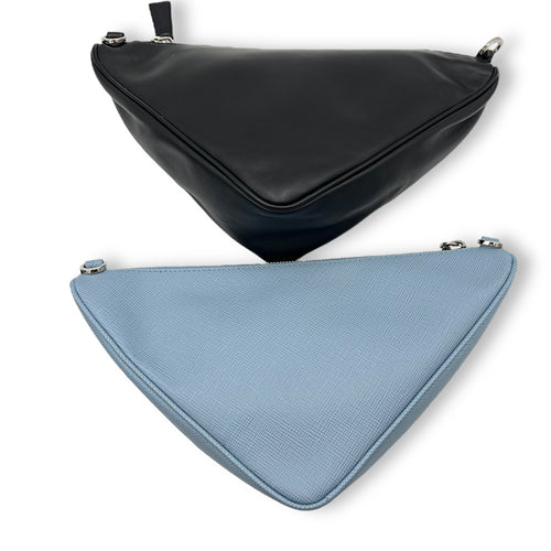 Double Triangle Logo Shoulder bag in Saffiano leather, Silver Hardware