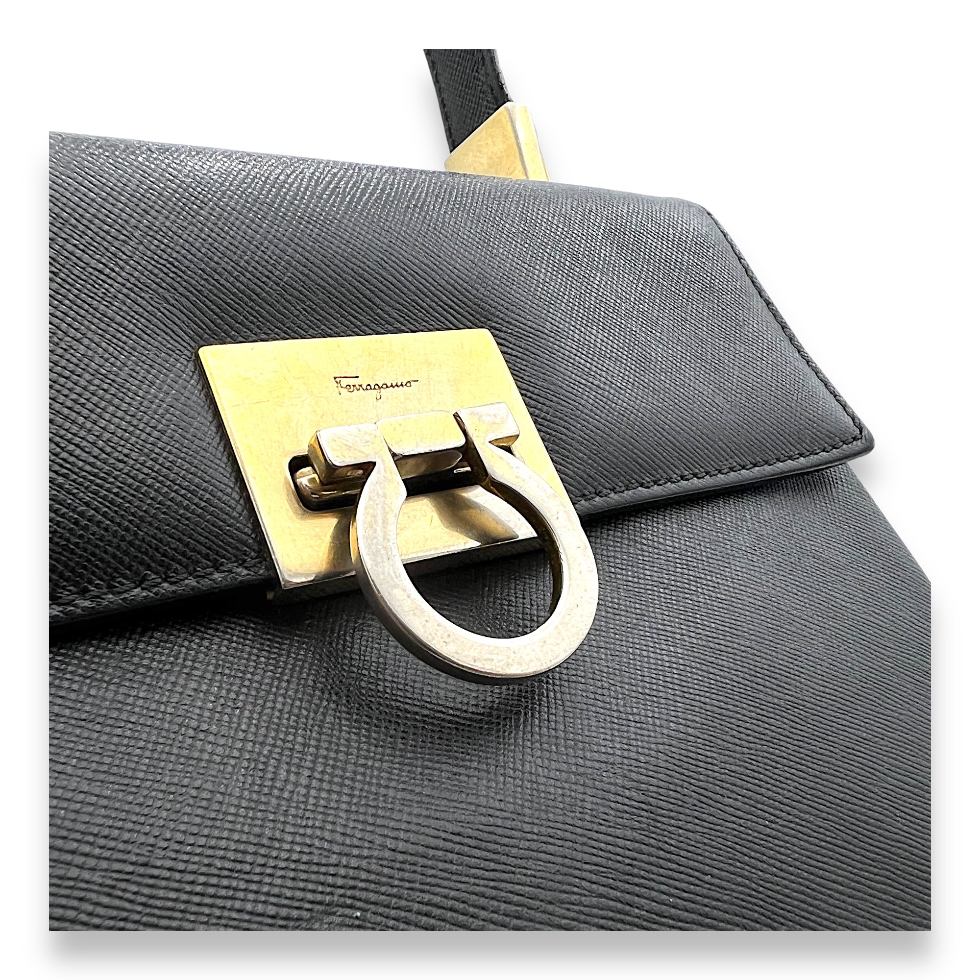 Gancini Top Handle Bag Black in Calfskin, Gold hardware