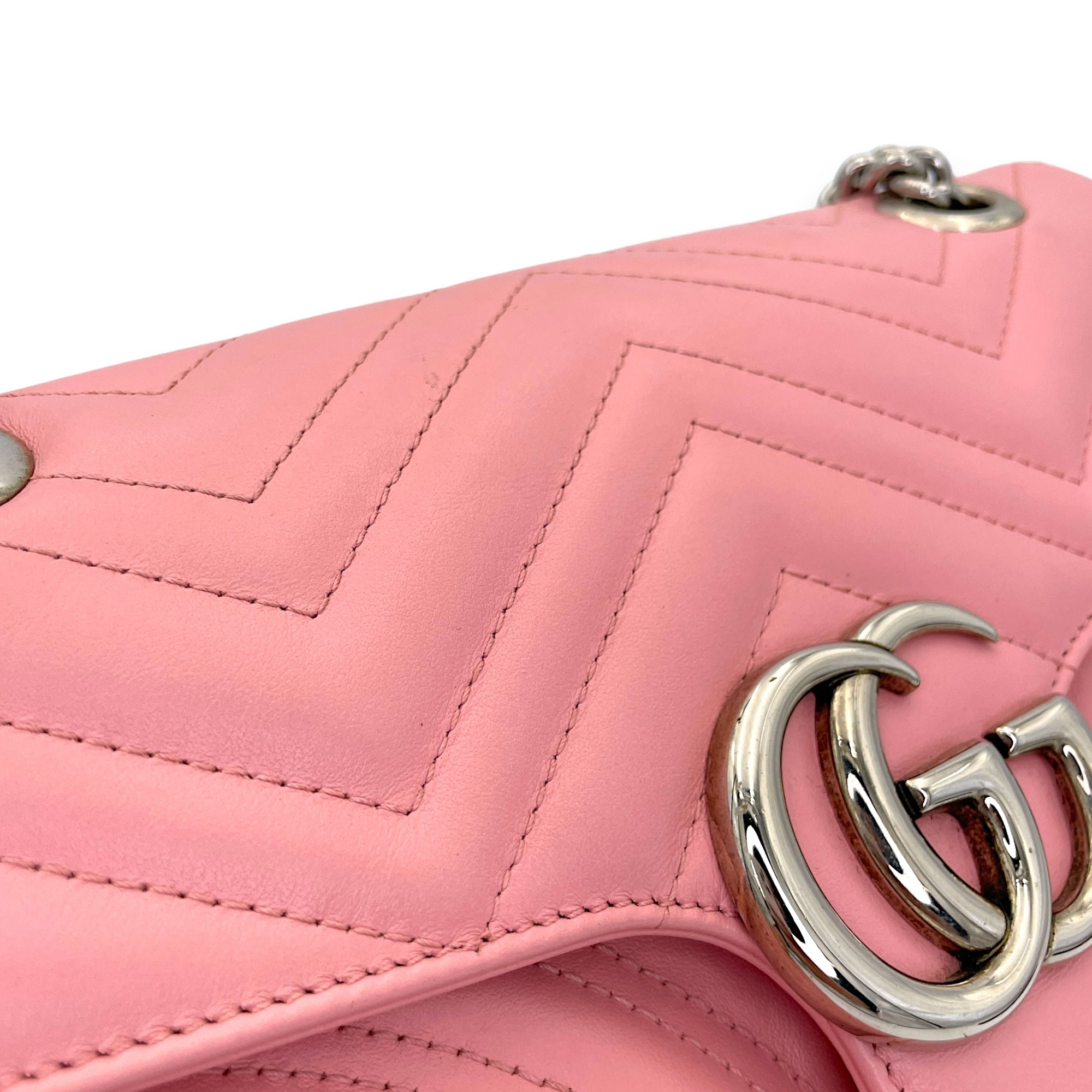 GG Marmont Small Pink Shoulder Bag in Calfskin, Silver hardware