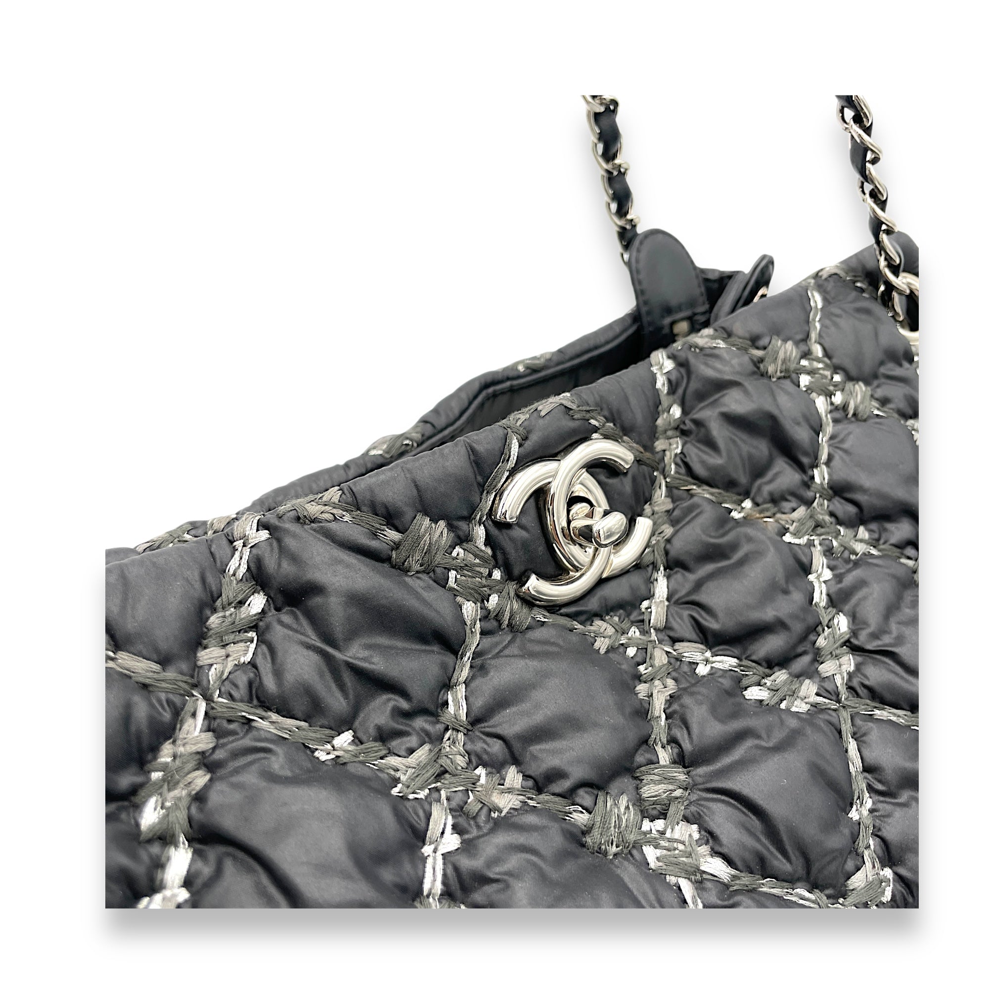 Chanel  Nylon Quilted Tweed Stitch Bubble Black Shoulder Bag in Nylon, Silver hardware