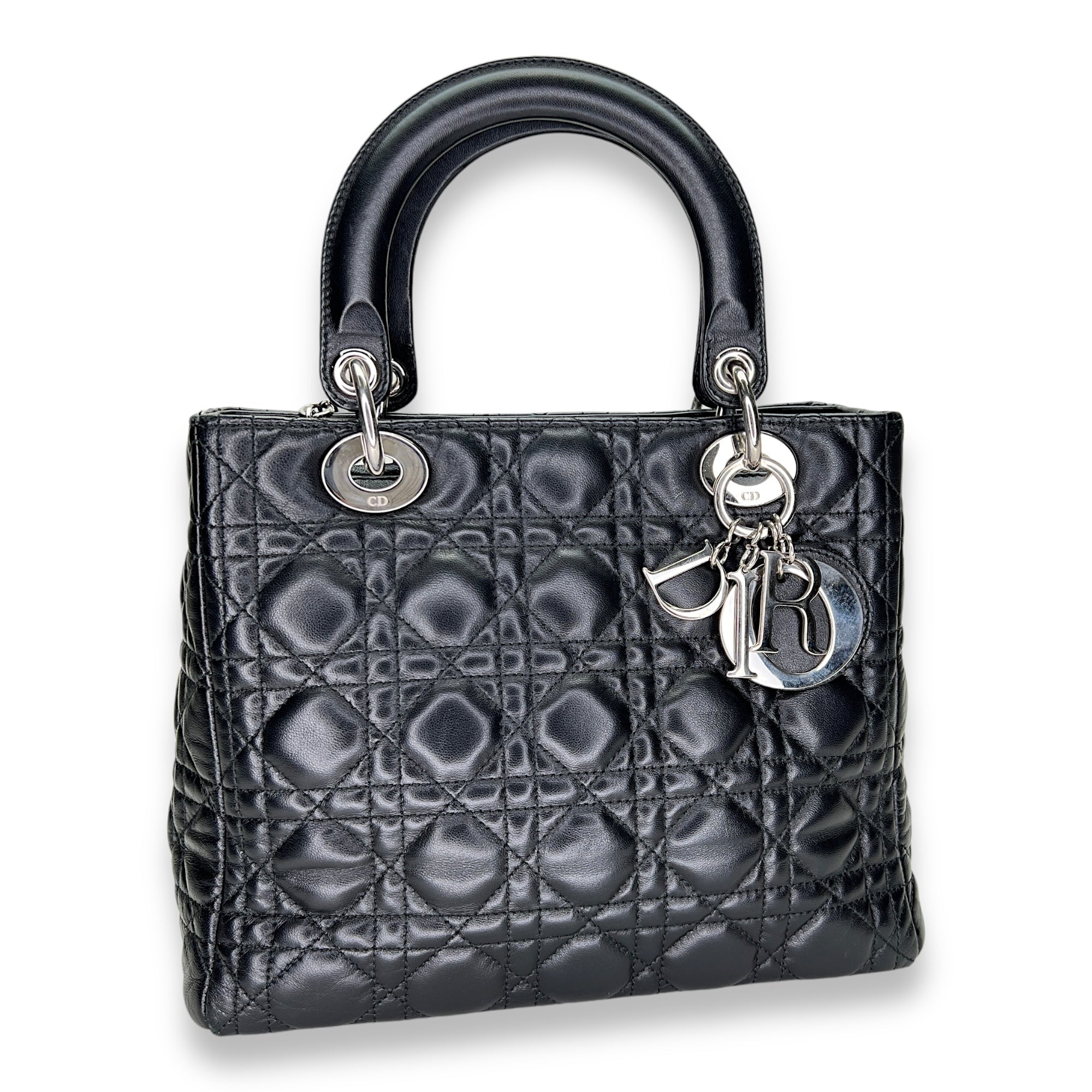 Lady Dior Medium Top handle bag in Lambskin, Silver Hardware