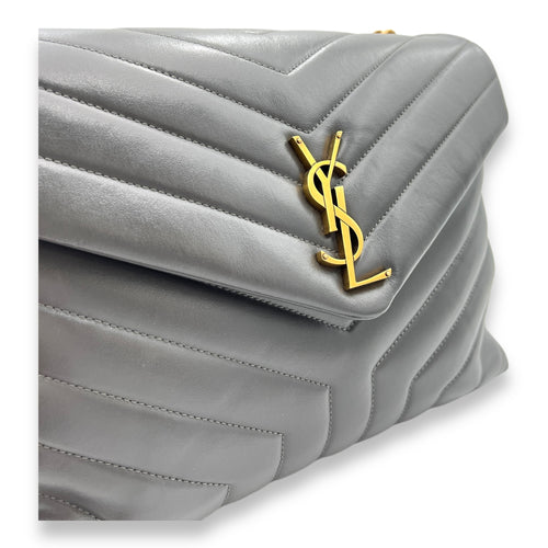 Loulou Medium Grey Shoulder Bag in Calfskin, Gold hardware