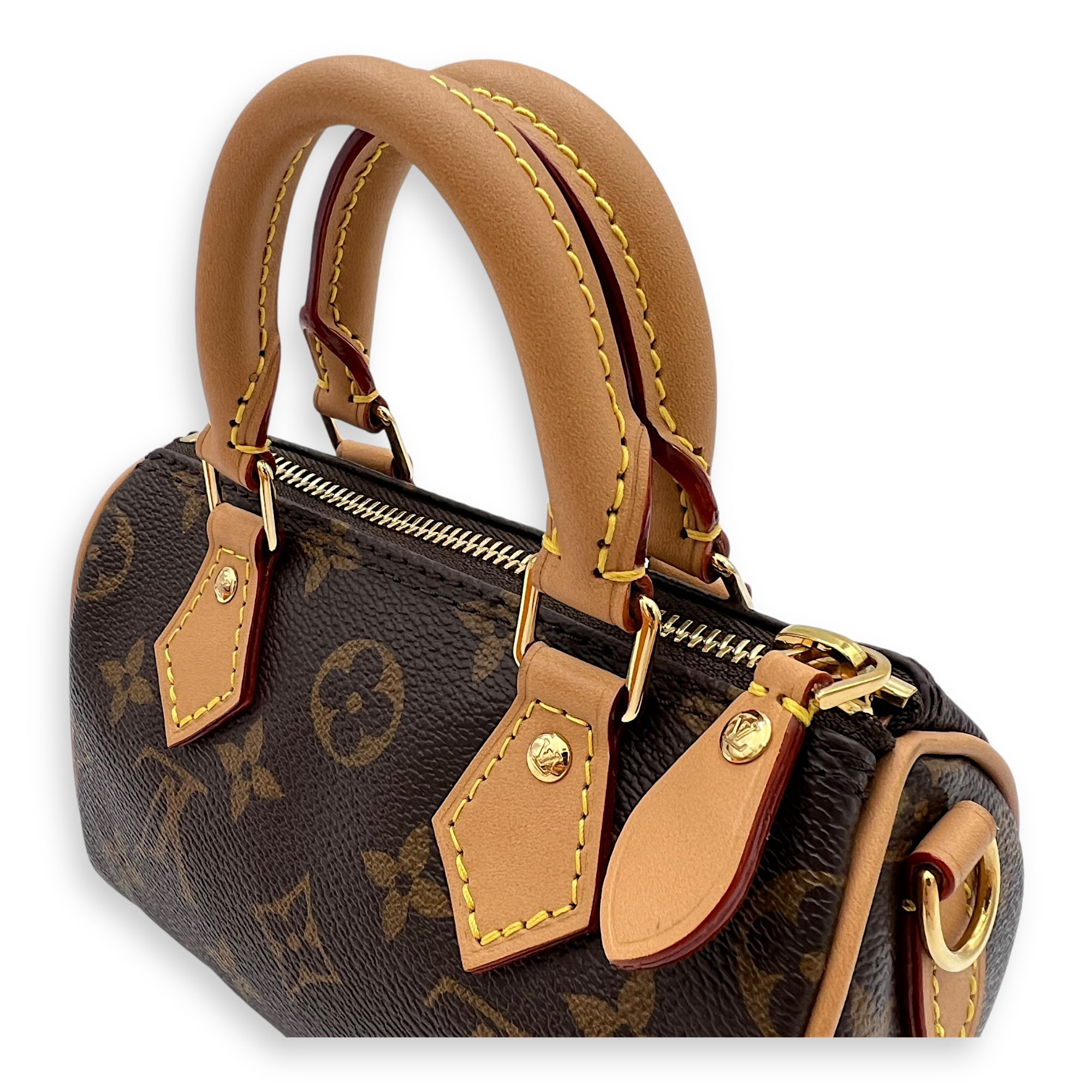 Speedy Bandouliere Nano Brown Top Handle Bag in Monogram Coated Canvas, Gold hardware