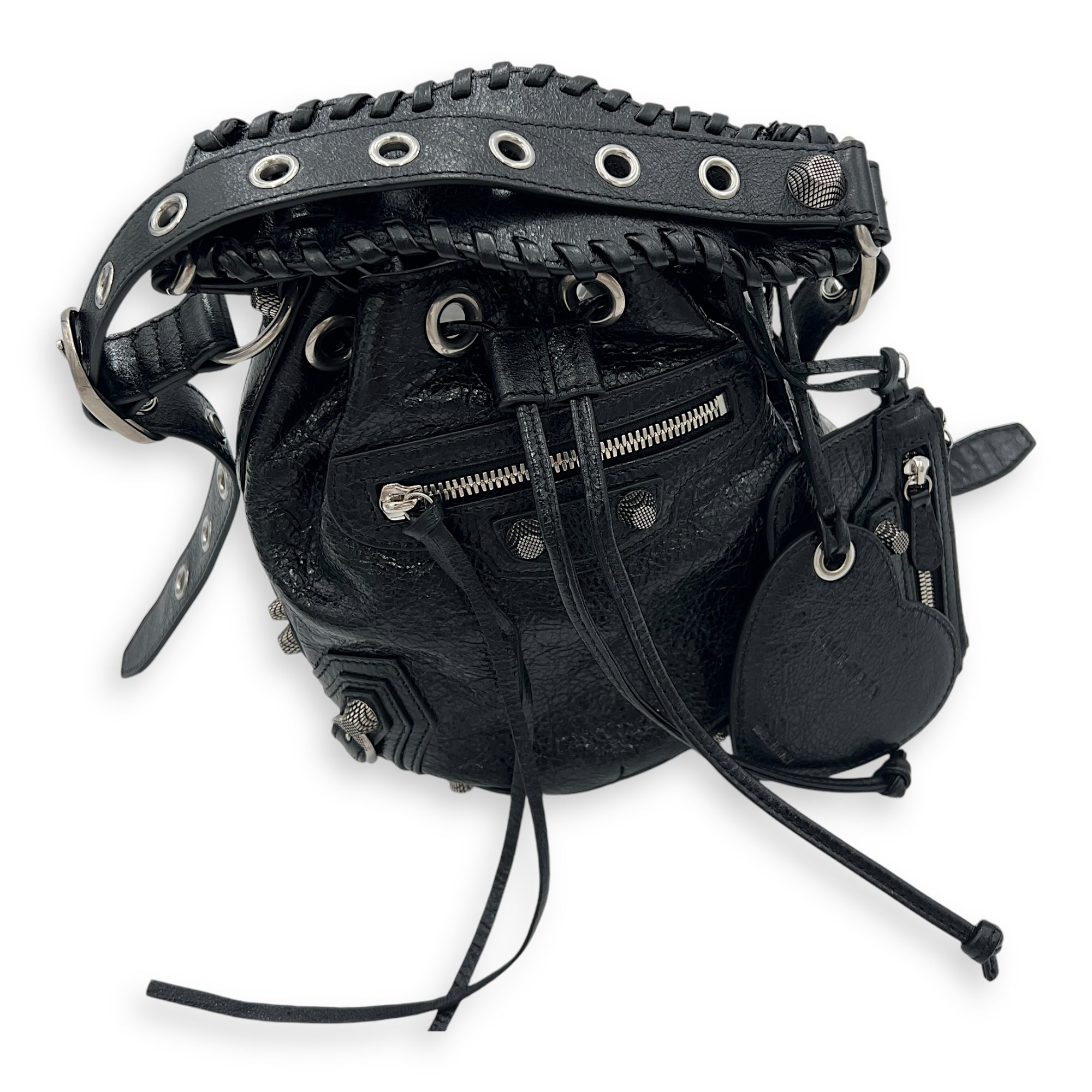 Le Cagole XS Black Bucket Bag in Lambskin, Silver hardware