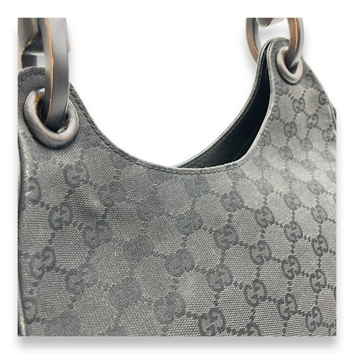 GG Bamboo Black Top Handle Bag in Canvas, Gunmetal hardware