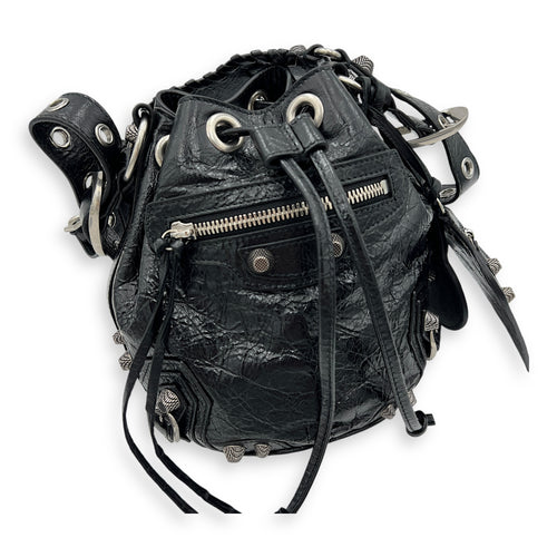 Le Cagole XS Black Bucket Bag in Distressed Leather, Silver hardware