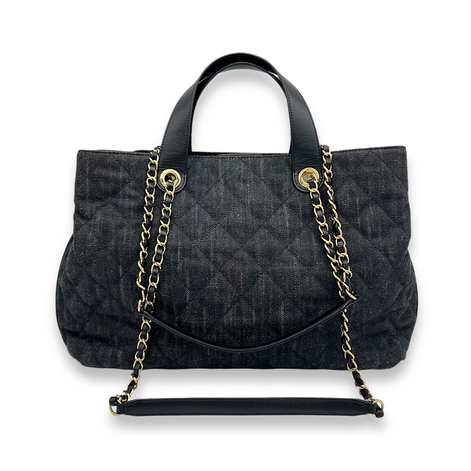 Quilted Shopping Black Tote Bag in Denim, Gold hardware