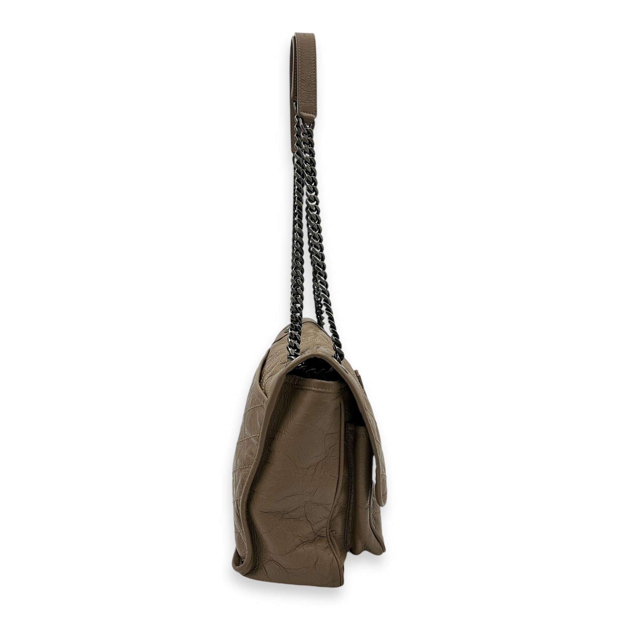 Niki Shoulder Bag Beige in Distressed Leather, Ruthenium hardware