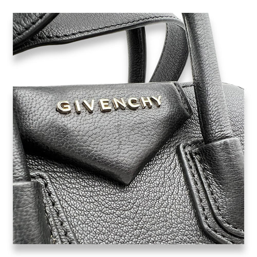 Antigona Mini Black Top Handle Bag in Goat Leather, Silver hardware