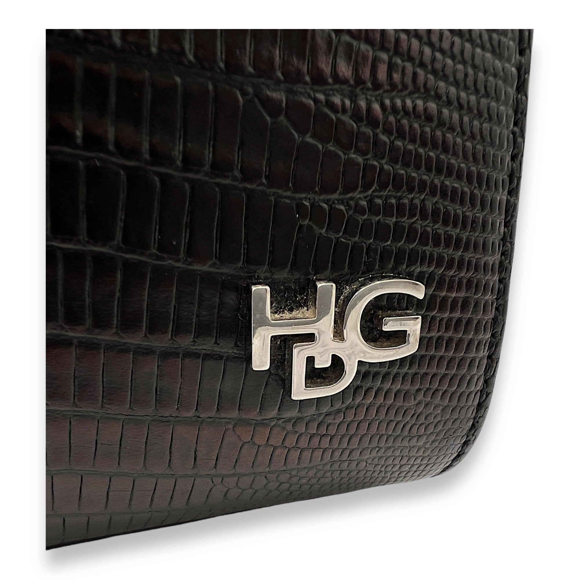 HDG Mini Black Top Handle Bag in Lizard Embossed Calfskin, Silver hardware