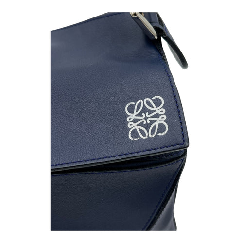 Puzzle Medium Blue Top Handle Bag in Calfskin, Silver hardware