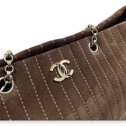 Quilted Vertical Mademoiselle Brown Tote Bag in Suede Leather, Silver hardware