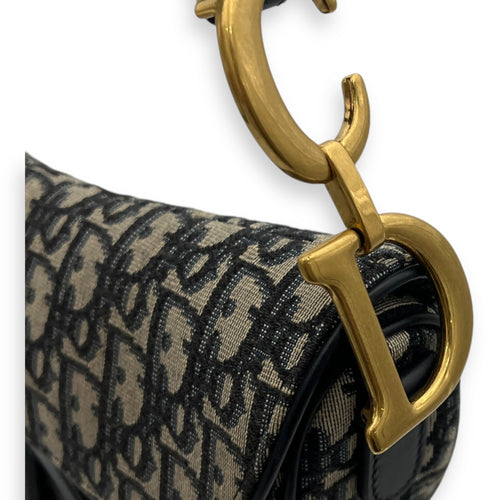 Saddle Medium Blue Shoulder Bag in Jacquard, Gold hardware