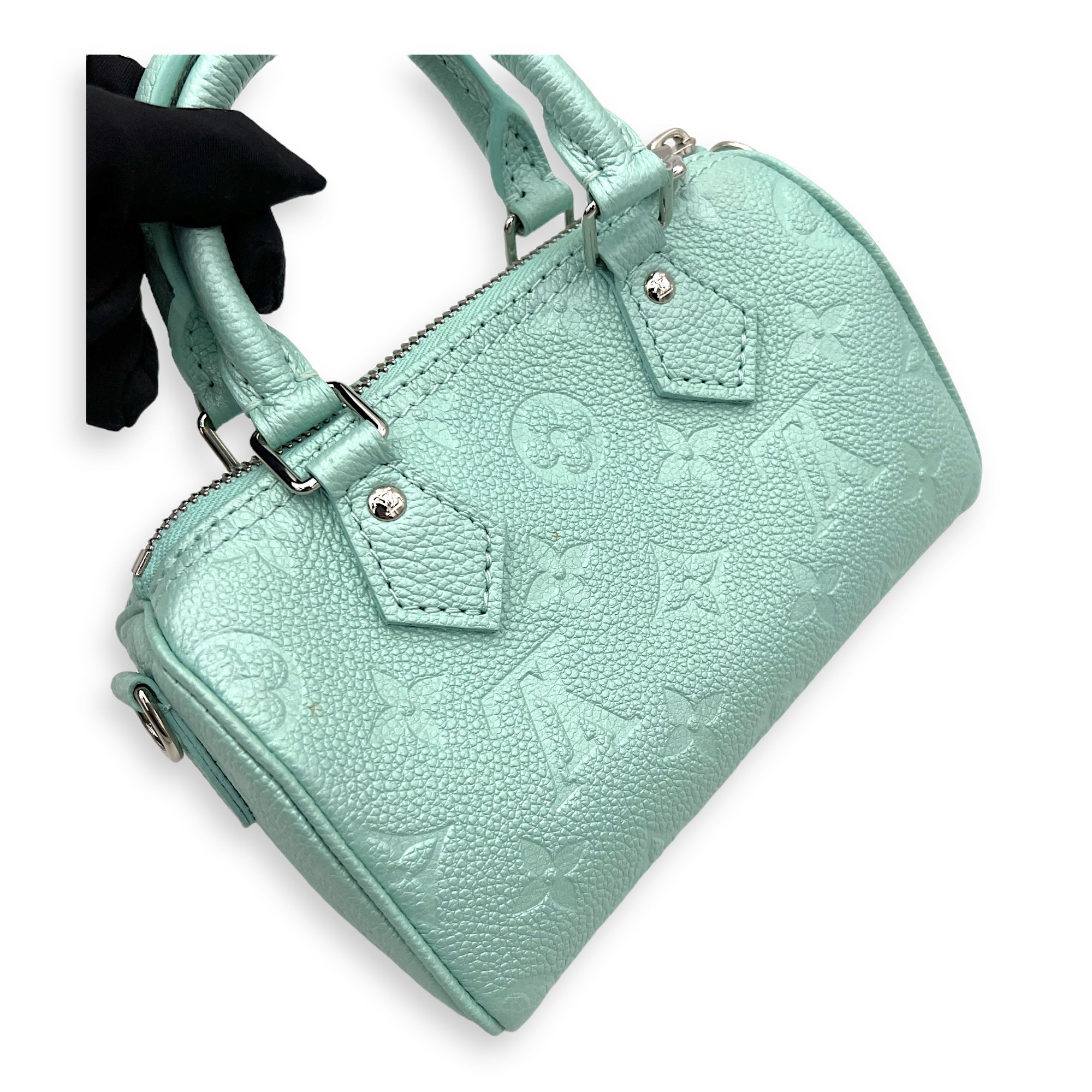 Speedy Nano Green Top Handle Bag in Monogram Empreinte Leather, Silver hardware