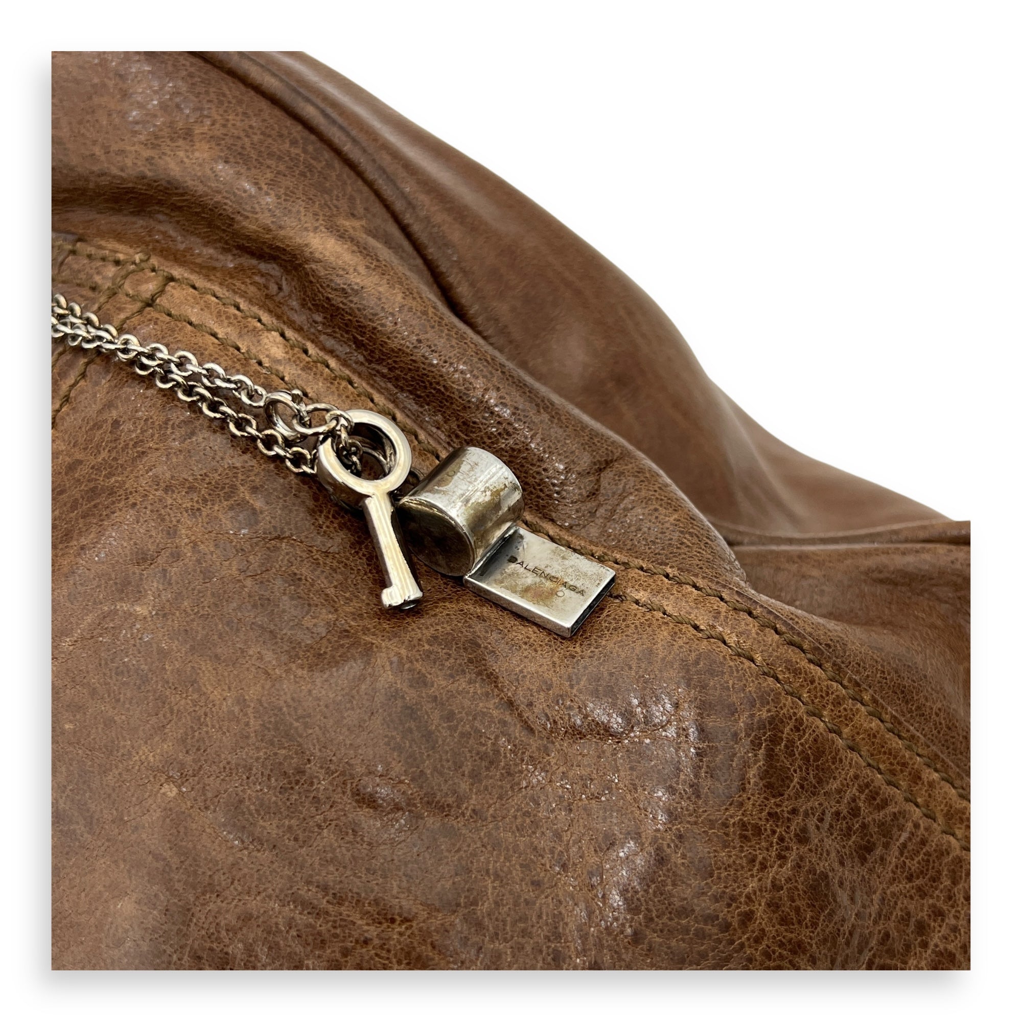 Whistle Brown Top Handle Bag in Goat Leather, Silver hardware